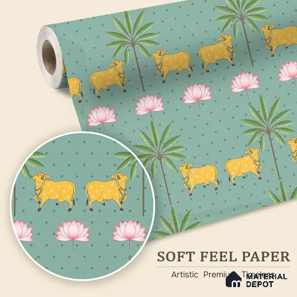 Indian Pichwai Green Wallpaper for Rooms, Customised Sukoon Series Soft Feel Patterned Design (Customised Size Wallpaper)
