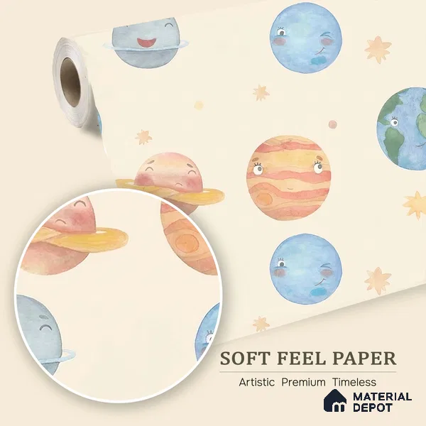 Planetary Playtime, Space Theme Wallpaper for Kids Room, Cream 10 Meter x 19.68 Inches Soft Feel Paper Type Wallpaper -54 Sq. Ft. | Minimum 15% wastage during installation