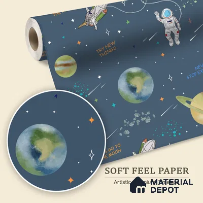 Planets of Wonder Stellar Space Deep Blue Soft Feel Kids Room Wallpaper - 6 Meter x 19.68 Inches, 32.29 Sq. Ft.