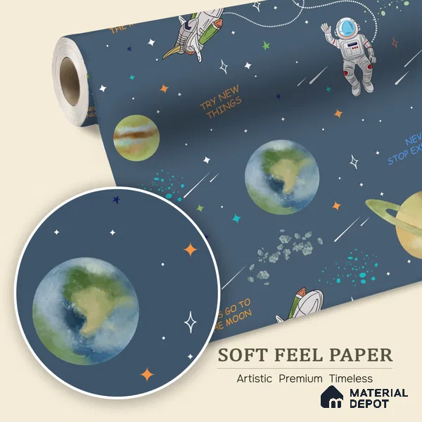 Planets of Wonder Stellar Space Deep Blue Soft Feel Kids Room Wallpaper - 6 Meter x 19.68 Inches, 32.29 Sq. Ft.