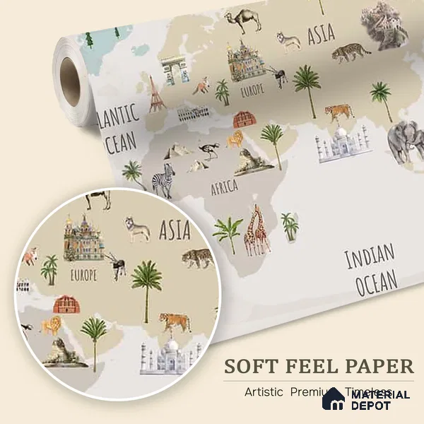 Pretty World Map Design for Kids Bedroom, Pastel, Customised Sparkla N Shine Series Soft Feel Map Design (Customised Size Wallpaper)