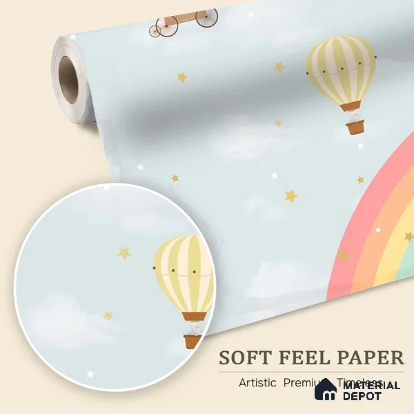Rainbow and Hot Air Balloons Kids Room Customized Wallpaper - Soft Feel