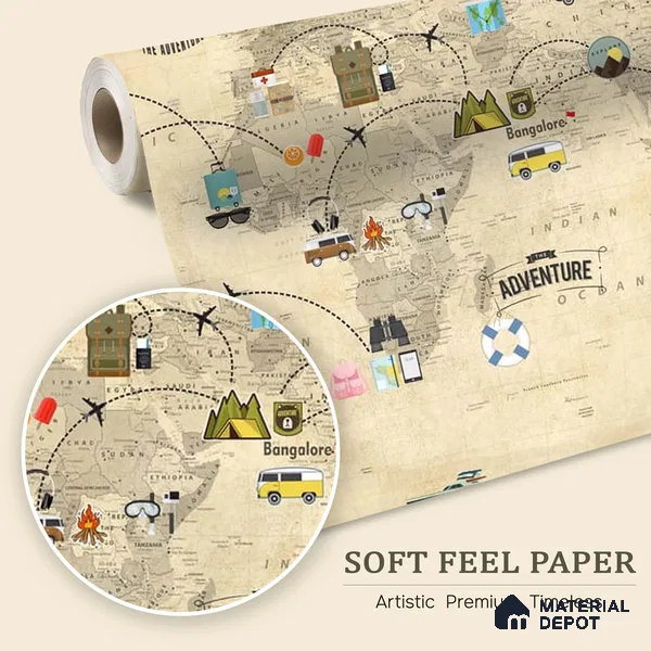 Travel Theme World Map for Kids Rooms Sparkla N Shine Series Soft Feel Map Design (Customised Size Wallpaper)