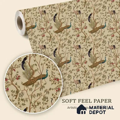 Chinoiserie Theme Wallpaper with Peacock, Khaki 10 Meter x 19.68 Inches Soft Feel Wallpaper - 54 Sq. Ft. | Minimum 15% wastage during installation