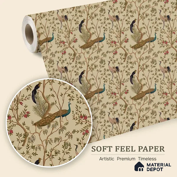Chinoiserie Theme Wallpaper with Peacock, Khaki 10 Meter x 19.68 Inches Soft Feel Wallpaper - 54 Sq. Ft. | Minimum 15% wastage during installation