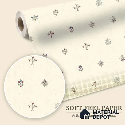 WP 03672 | Yellow Indian Motif for Rooms | Off-White & Grey Ditsy Sprig Floral Look Wallpaper Soft Feel (Customised Size)