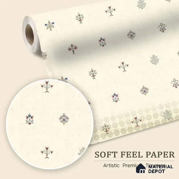 WP 03672 | Yellow Indian Motif for Rooms | Off-White & Grey Ditsy Sprig Floral Look Wallpaper Soft Feel (Customised Size)