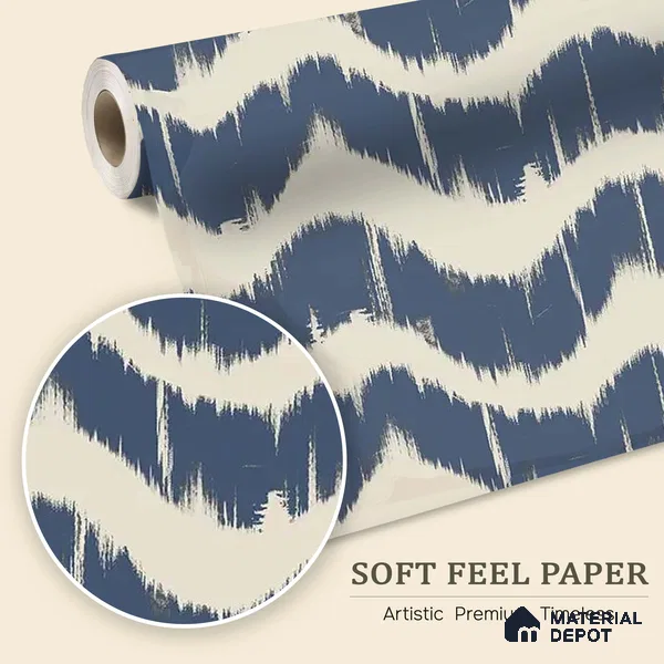 WP 03688 | Indigo Waves Blue Modern Abstract | Indigo Blue Ikat Chevron Abstract Look Wallpaper Soft Feel (Customised Size)
