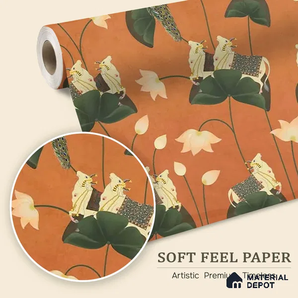 Pichwai Floral Cow Painting Inspired Rust Orange for Walls Soft Feel (Customised Wallpaper)