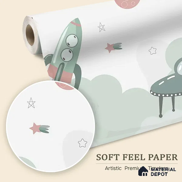 Green and Pink Space Theme Children Soft Feel Wallpaper (Customized Wallpaper)