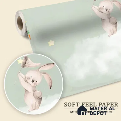 Bunnies in Sky Kids Room Wallpaper Pastel Green Soft Feel (Customized Size Wallpaper)