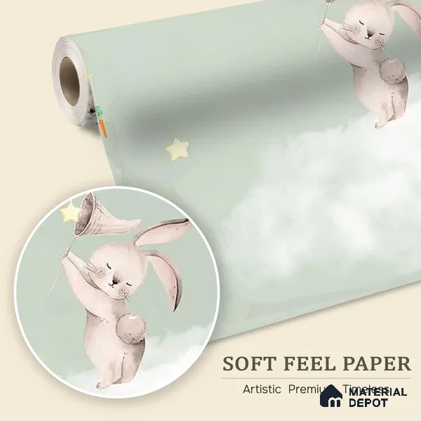 Bunnies in Sky Kids Room Wallpaper Pastel Green Soft Feel (Customized Size Wallpaper)