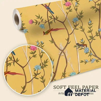 700211 - Yellow Chinoiserie Wallpaper with Flowers and Birds, Customised Sparkla N Shine Series Soft Feel Chinoserie Design (Customised Size Wallpaper)