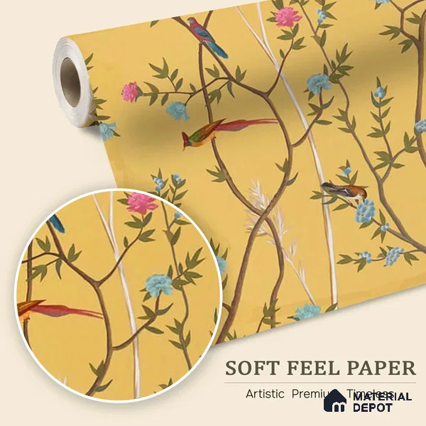 700211 - Yellow Chinoiserie Wallpaper with Flowers and Birds, Customised Sparkla N Shine Series Soft Feel Chinoserie Design (Customised Size Wallpaper)
