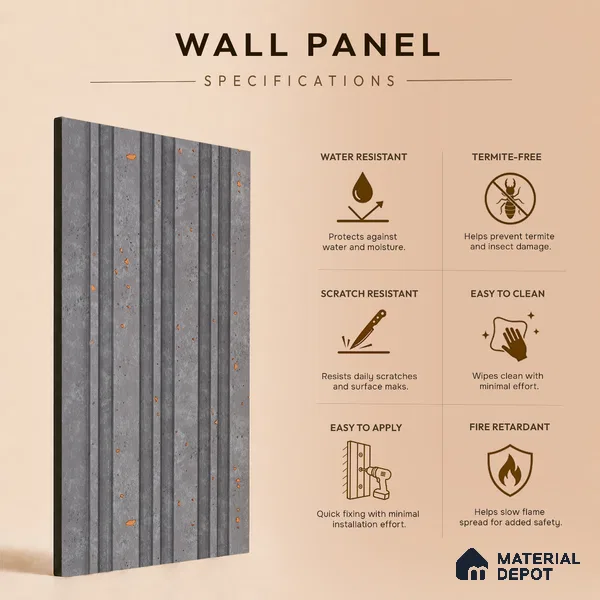 Silver Grey Cement Look PN 03366 8 ft x 4.8 inch Charcoal Panel - 11 mm | Suitable for Feature Wall, TV Unit & Living Room | Width is Subjected to 5% Variation