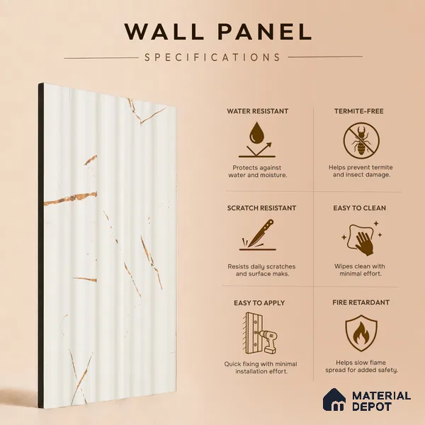 Almond Cream Marble Look PN 03543 9.5 ft x 4.7 inch Charcoal Panel - 12 mm | Suitable for Feature Wall, Living Room & Bedroom | Width is Subjected to 5% Variation