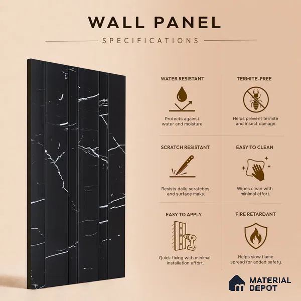 Charcoal Black Marble Look PN 06853 9.2 ft x 4.9 inch Charcoal Panel - 12 mm | Suitable for Living Room, Bedroom & TV Cabinet | Width is Subjected to 5% Variation