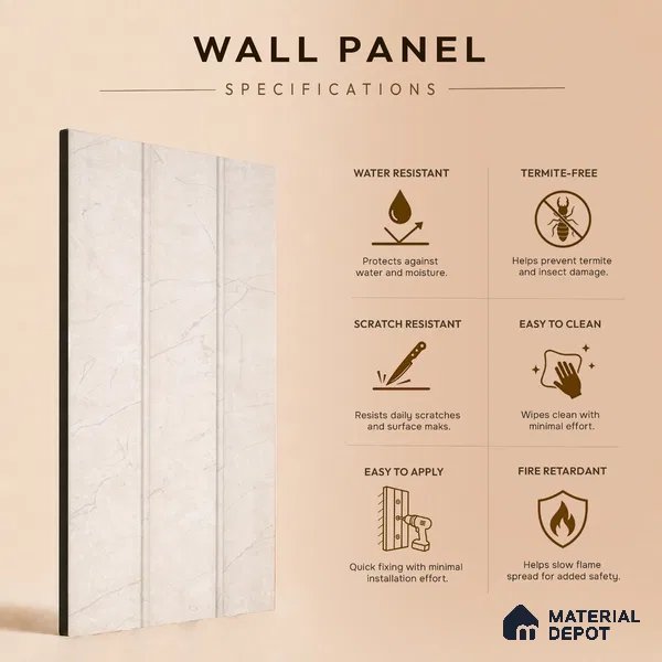 Almond Cream Marble Look PN 07064 9.5 ft x 9.8 inch Charcoal Panel - 10 mm | Suitable for Feature Wall, TV Unit & Living Room | Width is Subjected to 5% Variation