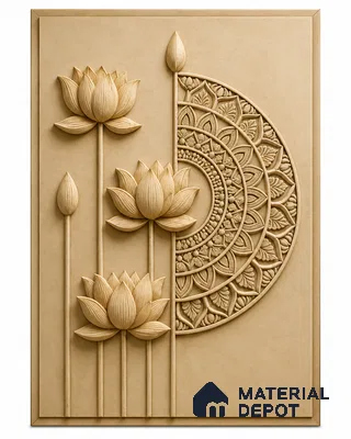 Sacred Lotus Relief 9.8 ft x 4 ft CNC Made HDHMR Panel - 50 mm