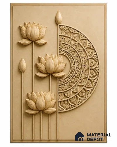 Sacred Lotus Relief 9.8 ft x 4 ft CNC Made HDHMR Panel - 50 mm