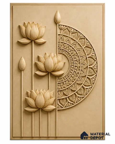 Sacred Lotus Relief 9.8 ft x 4 ft CNC Made HDHMR Panel - 50 mm