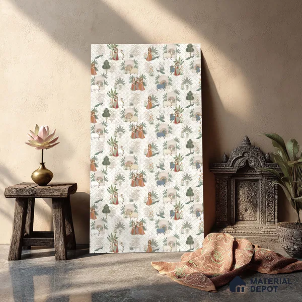 Beige Digital look LM 23935 Vrindavana Pichwai Art 8 ft x 4 ft Texture Finish Decorative Laminate - 1 mm | Suitable for Living room,TV Unit, Highlighter Wall, Wardrobe, Feature Wall