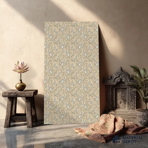 Beige Digital look LM 23945 Morchitra Kalamkari Art 8 ft x 4 ft Texture Finish Decorative Laminate - 1 mm | Suitable for Living room,TV Unit, Highlighter Wall, Wardrobe, Feature Wall