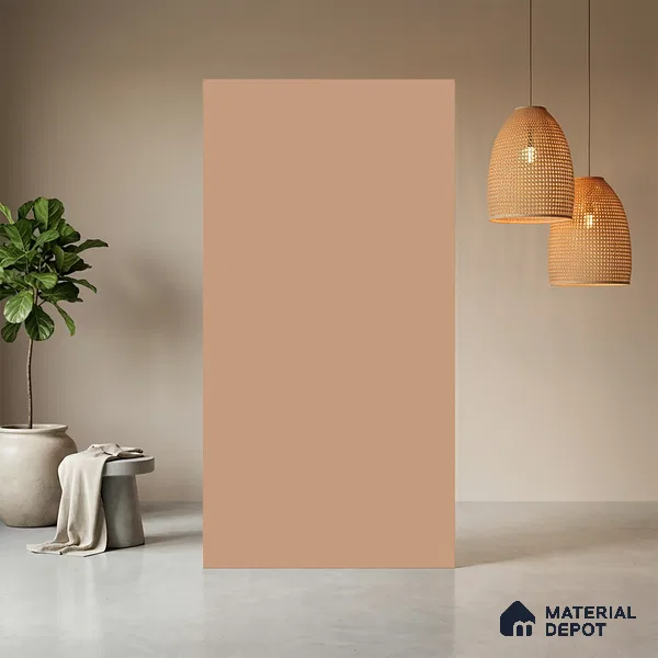 Orange Solid Colors look Ferrero 1E234 SMT Warm Coral Pink 8 ft x 4 ft Satin Matt Finish Decorative Laminate - 1 mm | Suitable for Living Room, Kitchen, Office | Matching Prism Edgeband Code - (10143)