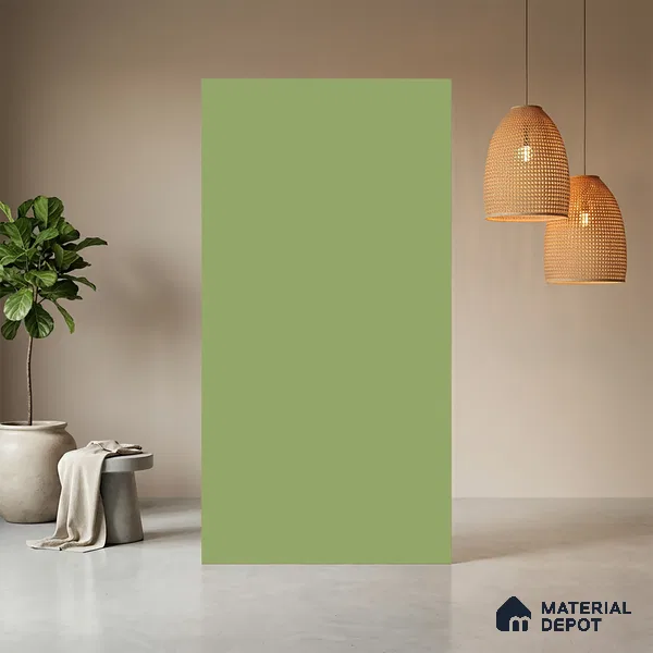 Green Solid Colors look Ferrero 1E243 SMT Spring Green 8 ft x 4 ft Satin Matt Finish Decorative Laminate - 1 mm | Suitable for Living Room, Kitchen, Office | Matching E3 Edgeband Code - (1057)
