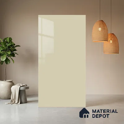 Beige Solid Colors look Ferrero 1E102 HGL Warm Milky White 8 ft x 4 ft High Gloss Finish Decorative Laminate - 1 mm | Suitable for Living Room, Kitchen, Office | Matching E3 Edgeband Code - (1103)