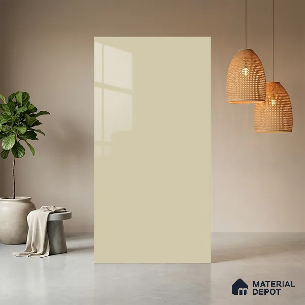 Beige Solid Colors look Ferrero 1E178 HGL Soft Rosy White 8 ft x 4 ft High Gloss Finish Decorative Laminate - 1 mm | Suitable for Living Room, Kitchen, Office | Matching E3 Edgeband Code - (1002 HG)