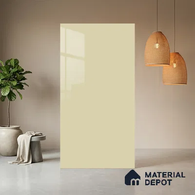 Beige Solid Colors look Ferrero 1E230 HGL Crystal Snow White 8 ft x 4 ft High Gloss Finish Decorative Laminate - 1 mm | Suitable for Living Room, Kitchen, Office | Matching E3 Edgeband Code - (1002 HG)