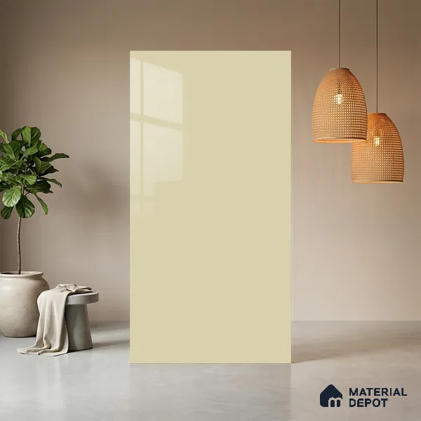 Beige Solid Colors look Ferrero 1E230 HGL Crystal Snow White 8 ft x 4 ft High Gloss Finish Decorative Laminate - 1 mm | Suitable for Living Room, Kitchen, Office | Matching E3 Edgeband Code - (1002 HG)