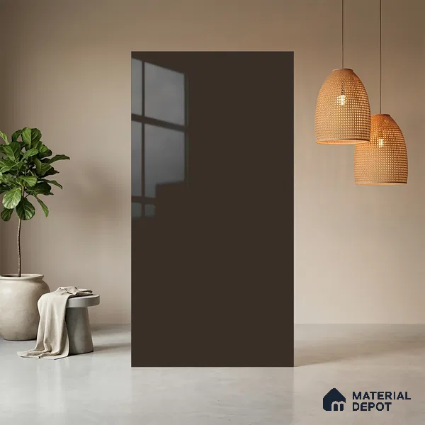 Brown Solid Colors look Ferrero 1E180 HGL Rich Cocoa Brown 8 ft x 4 ft High Gloss Finish Decorative Laminate - 1 mm | Suitable for Living Room, Kitchen, Office | Matching Prism Edgeband Code - (10150 SHGL)
