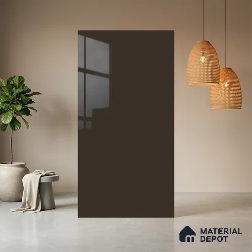Brown Solid Colors look Ferrero 1E180 HGL Rich Cocoa Brown 8 ft x 4 ft High Gloss Finish Decorative Laminate - 1 mm | Suitable for Living Room, Kitchen, Office | Matching Prism Edgeband Code - (10150 SHGL)
