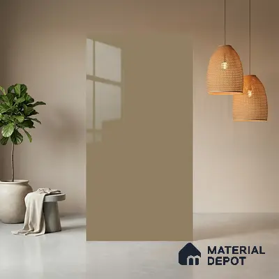 Beige Solid Colors look Ferrero 1E246 HGL Warm Taupe Beige 8 ft x 4 ft High Gloss Finish Decorative Laminate - 1 mm | Suitable for Living Room, Kitchen, Office | Matching E3 Edgeband Code - (1056)