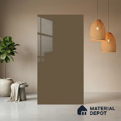 Brown Solid Colors look Ferrero 1E179 HGL Soft Warm Khaki 8 ft x 4 ft High Gloss Finish Decorative Laminate - 1 mm | Suitable for Living Room, Kitchen, Office | Matching Rehau Edgeband Code - (110228)