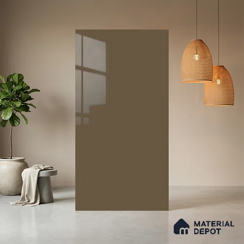 Brown Solid Colors look Ferrero 1E179 HGL Soft Warm Khaki 8 ft x 4 ft High Gloss Finish Decorative Laminate - 1 mm | Suitable for Living Room, Kitchen, Office | Matching Rehau Edgeband Code - (110228)