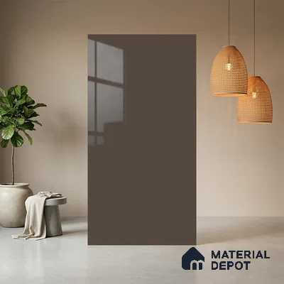 Brown Solid Colors look Ferrero 1E218 HGL Mocha Taupe Grey 8 ft x 4 ft High Gloss Finish Decorative Laminate - 1 mm | Suitable for Living Room, Kitchen, Office | Matching E3 Edgeband Code - (1053)