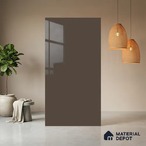 Brown Solid Colors look Ferrero 1E218 HGL Mocha Taupe Grey 8 ft x 4 ft High Gloss Finish Decorative Laminate - 1 mm | Suitable for Living Room, Kitchen, Office | Matching E3 Edgeband Code - (1053)