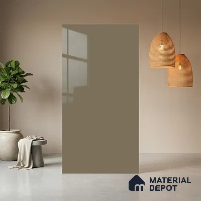 Grey Solid Colors look Ferrero 1E232 HGL Soft Greige Mist 8 ft x 4 ft High Gloss Finish Decorative Laminate - 1 mm | Suitable for Living Room, Kitchen, Office | Matching Prism Edgeband Code - (10140)