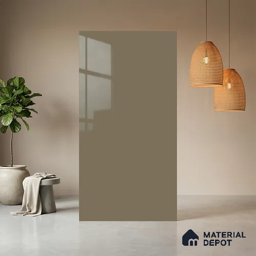 Grey Solid Colors look Ferrero 1E232 HGL Soft Greige Mist 8 ft x 4 ft High Gloss Finish Decorative Laminate - 1 mm | Suitable for Living Room, Kitchen, Office | Matching Prism Edgeband Code - (10140)