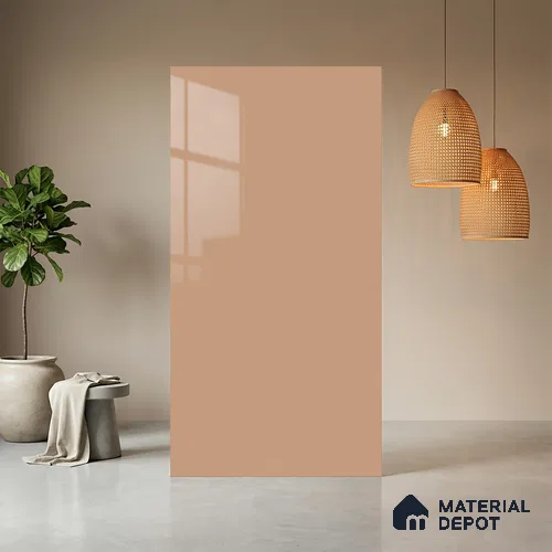 Orange Solid Colors look Ferrero 1E234 HGL Soft Peach Pink 8 ft x 4 ft High Gloss Finish Decorative Laminate - 1 mm | Suitable for Living Room, Kitchen, Office | Matching E3 Edgeband Code - (1060 HG)