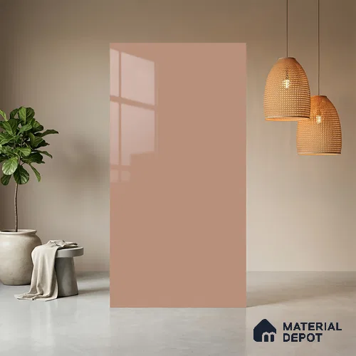 Pink Solid Colors look Ferrero 1E235 HGL Dusty Mauve Pink 8 ft x 4 ft High Gloss Finish Decorative Laminate - 1 mm | Suitable for Living Room, Kitchen, Office | Matching Prism Edgeband Code - (10143 SHGL)