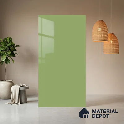 Green Solid Colors look Ferrero 1E243 HGL Spring Green 8 ft x 4 ft High Gloss Finish Decorative Laminate - 1 mm | Suitable for Living Room, Kitchen, Office | Matching E3 Edgeband Code - (1018)