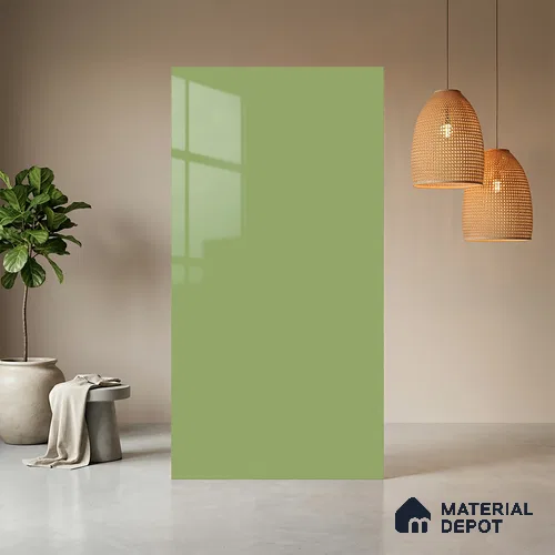 Green Solid Colors look Ferrero 1E243 HGL Spring Green 8 ft x 4 ft High Gloss Finish Decorative Laminate - 1 mm | Suitable for Living Room, Kitchen, Office | Matching E3 Edgeband Code - (1018)