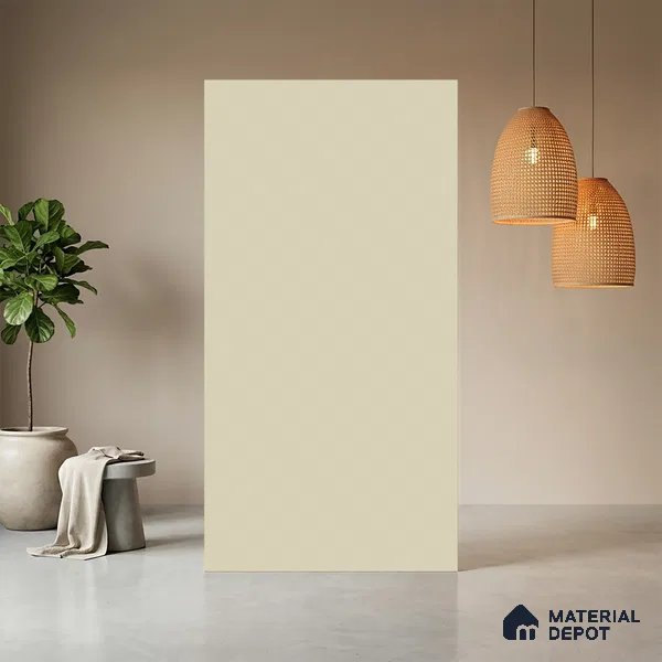 Beige Solid Colors look Ferrero 1E102 SF Soft Warm White 8 ft x 4 ft Suede Finish Decorative Laminate - 1 mm | Suitable for Living Room, Kitchen, Office | Matching E3 Edgeband Code - (1103)