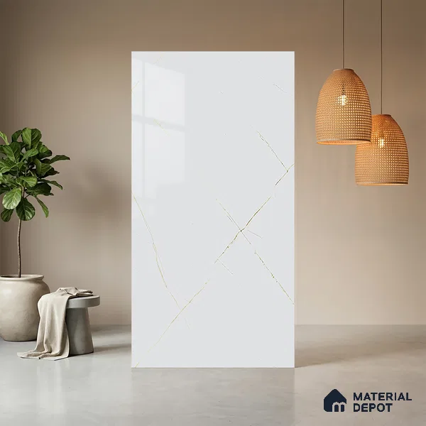 White Marble Look LM 10895 8 ft x 4 ft Glossy Finish Decorative Laminate - 1 mm | Suitable for TV Unit, Wardrobe, Kitchen Cabinets
