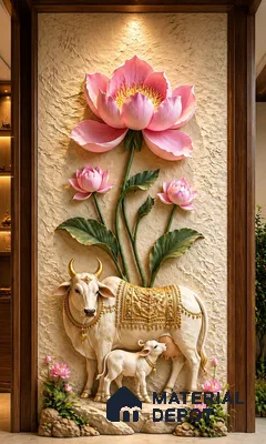 Sacred Cow and Lotus 3D Wall 5 ft x 30 inch CNC Made HDHMR Panel - 50 mm
