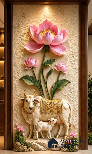 Sacred Cow and Lotus 3D Wall 5 ft x 30 inch CNC Made HDHMR Panel - 50 mm